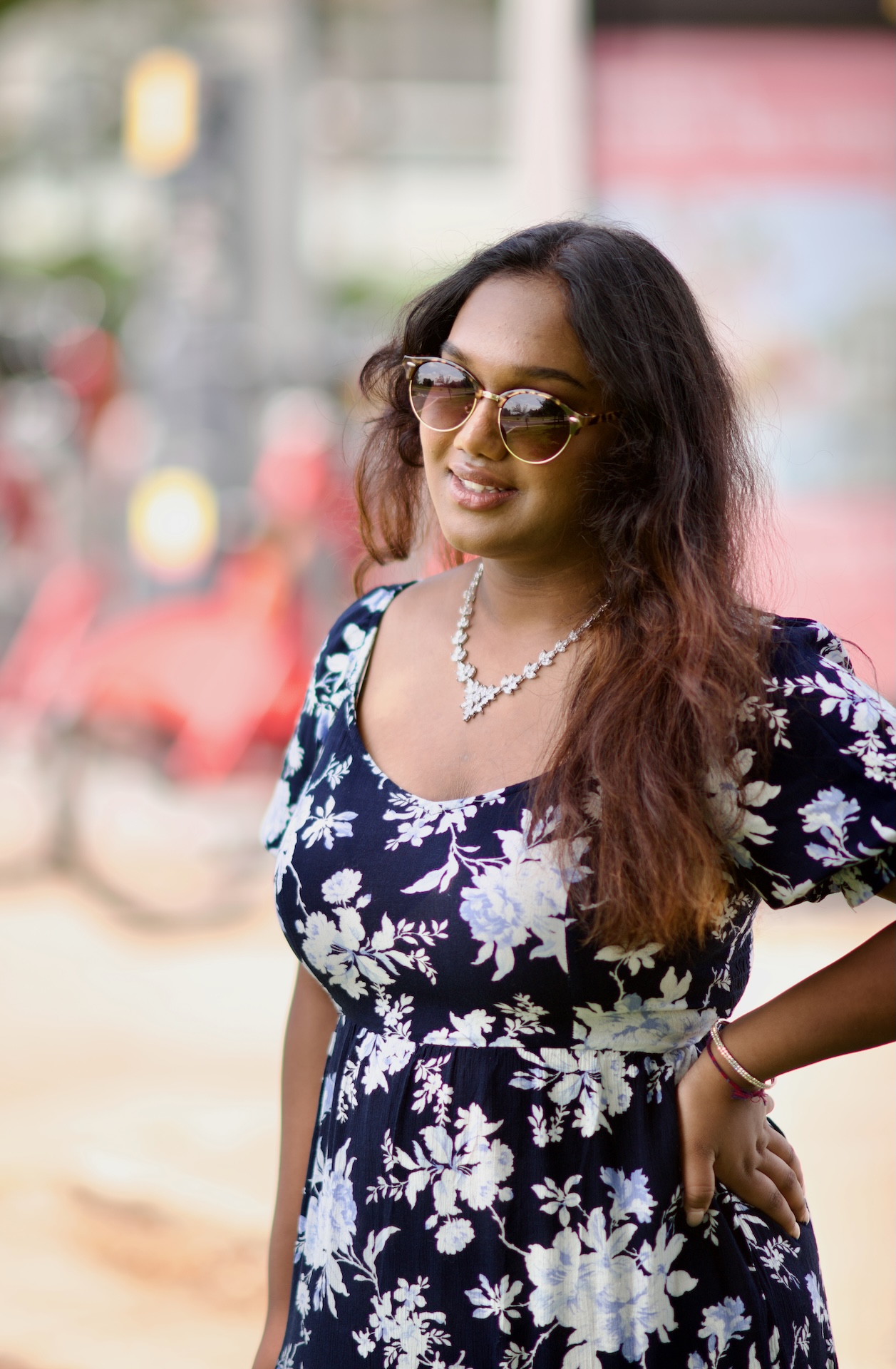 Golden-hour street fashion portrait in a floral dress — DMV fashion photographer Vetri Frames