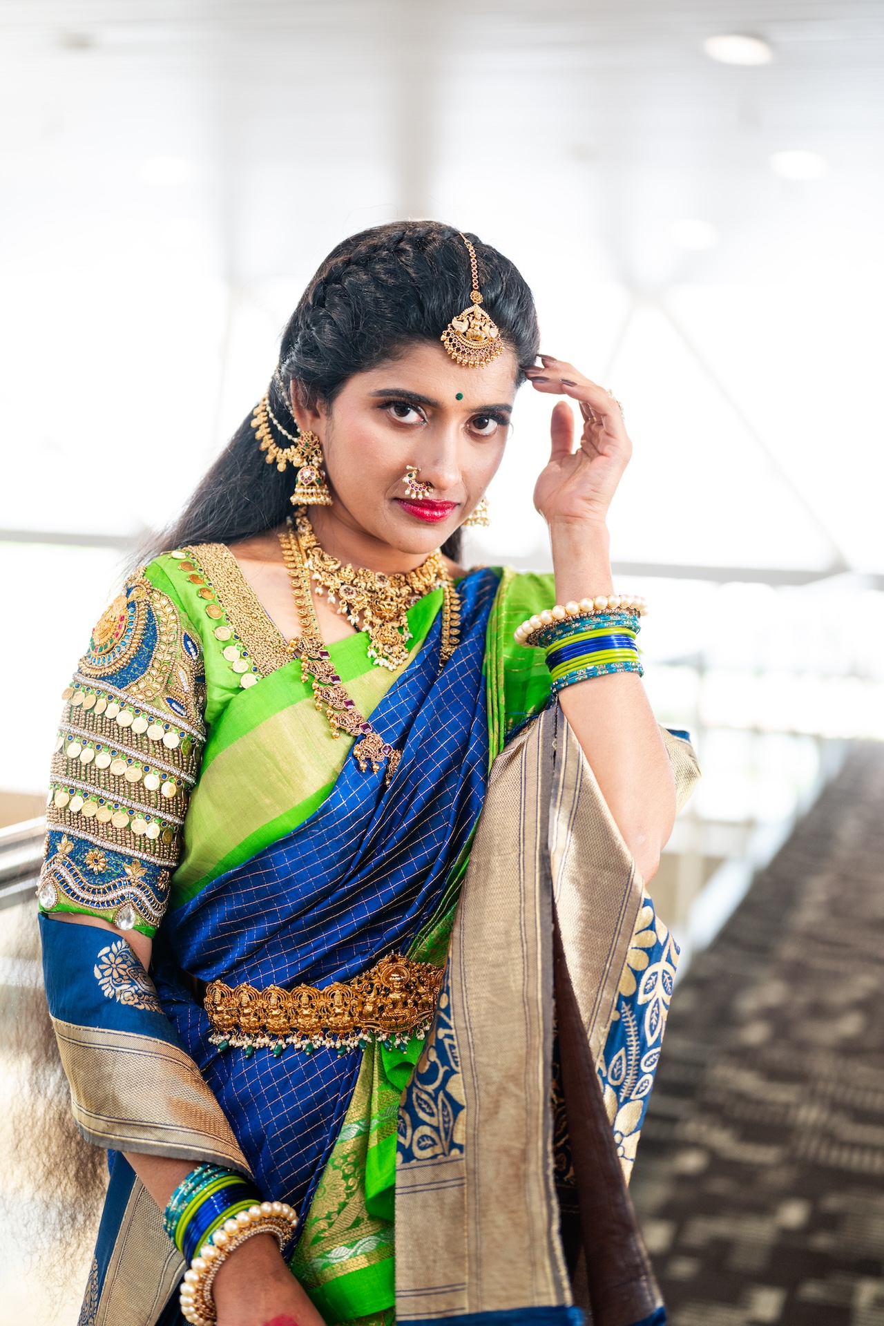 Bridal portrait in a blue and green silk saree with temple jewellery — Northern Virginia